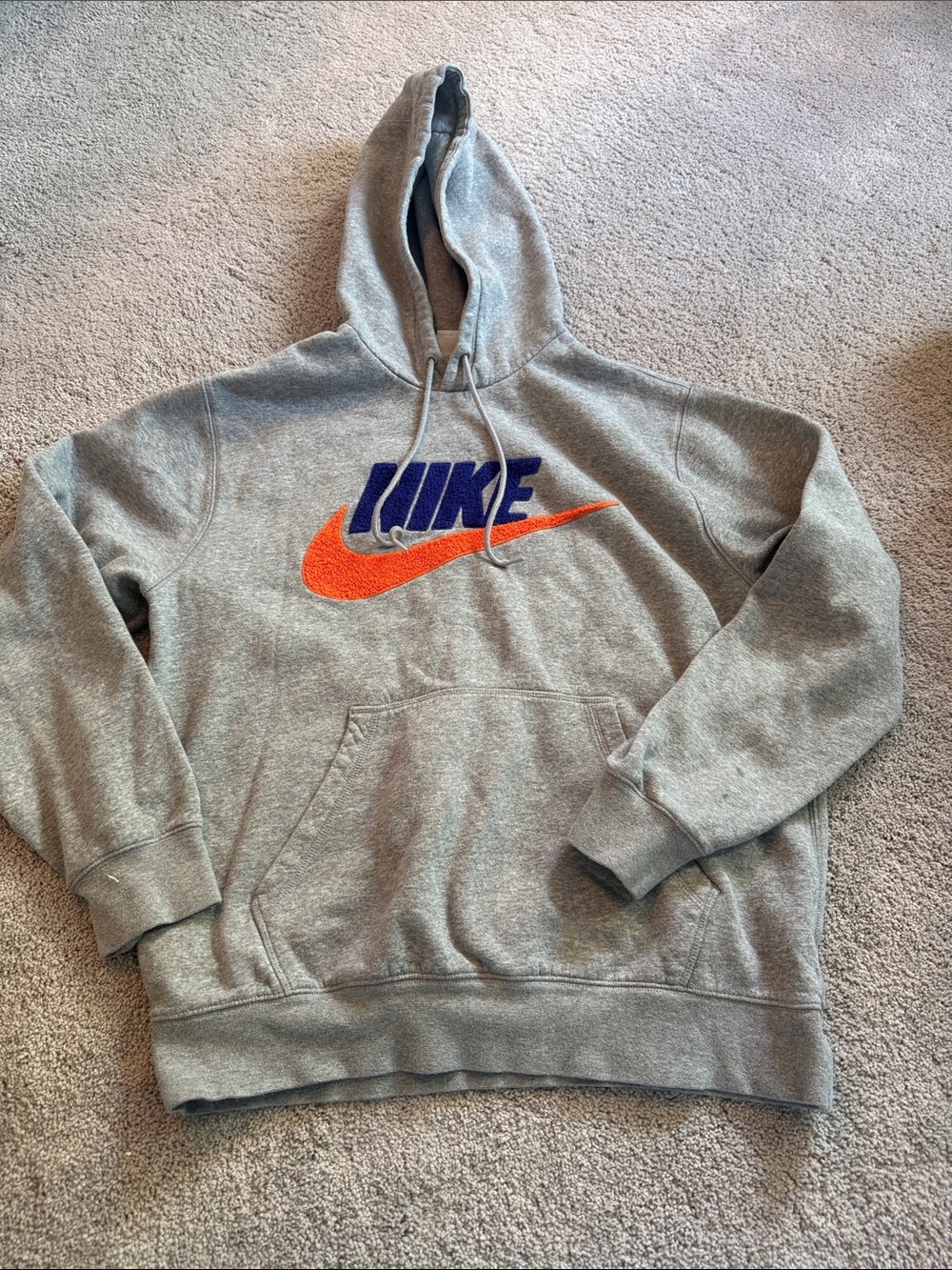 Nike Gray Pullover Hoodie with Orange Swoosh and Blue Logo